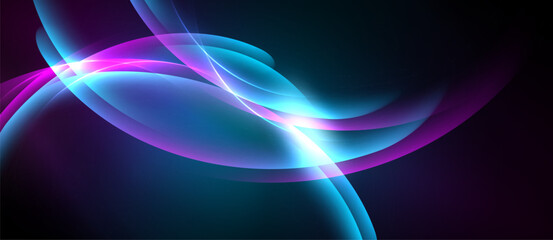 Abstract flowing lines, vibrant blues, purples, bright light create dynamic energy. Smooth curves suggest movement, depth.