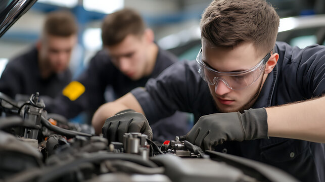 Focused automotive technicians work diligently under the hood, performing maintenance in a busy garage setting. Their expertise ensures vehicle performance and safety.
