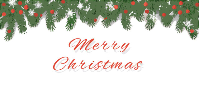 Festive merry christmas greeting card with a border of green pine branches adorned with red ornaments and white snowflakes - Powered by Adobe