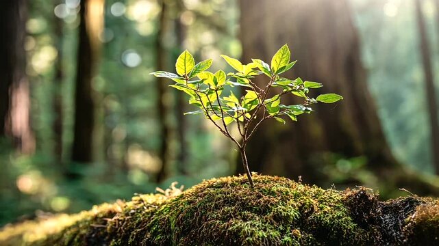 A small tree sapling grows on a mossy log in a forest, representing new life and growth.