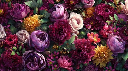 Luxurious and Deeply Hued Floral Arrangement Bursting with Roses, Dahlias, and other Blooms