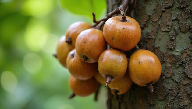 Group of ripe kepel fruits hang on tree branch. Orange brown round fruits grow in cluster on textured bark with green blurry background. Rare tropical produce from Indonesia.