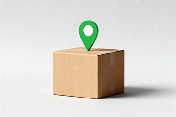 A brown parcel box with a green location pin sits centered on a matte light gray background with soft shadow, creating a minimalist shipping and delivery concept