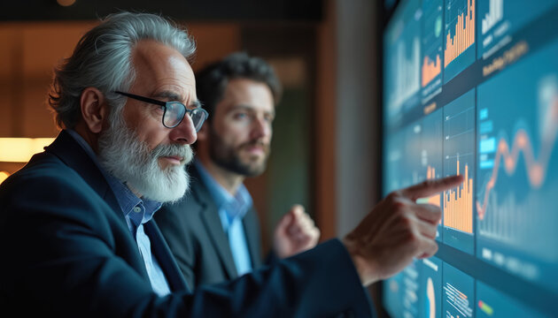 Two businessmen examine charts on digital screen. Mature man indicates data. Modern tech enables analysis of business trends, market intelligence. Colleagues collaborate about trading strategy.