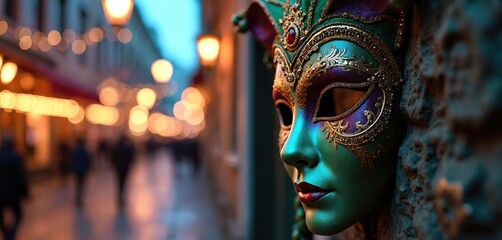 Fototapeta premium Ornate Venetian mask in green, gold, purple with red gem details. Mysterious jester mask hangs on ancient wall at dusk. Bokeh street lights illuminate lively old town street. Blurred people walk in