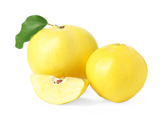 Whole and cut ripe quince fruits isolated on white