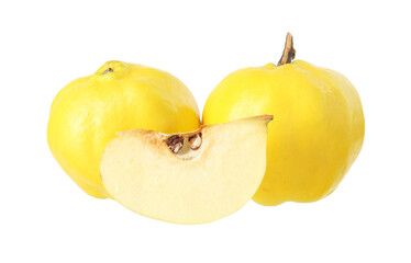 Whole and cut ripe quince fruits isolated on white