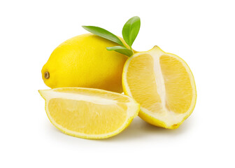Fresh lemons and leaves isolated on white