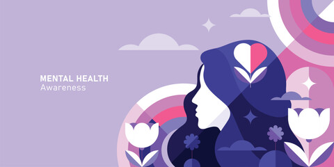 Abstract Mental Health and Self Care Concept background, Modern Human Head with Mindfulness, Positive Thinking, and Emotional Wellbeing