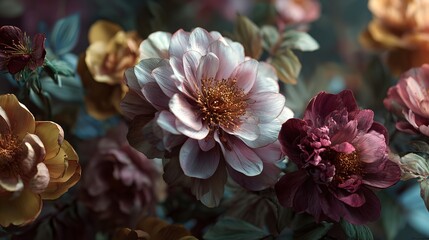 Artistic floral display with dynamic colors and varied forms is both beautiful and detailed.