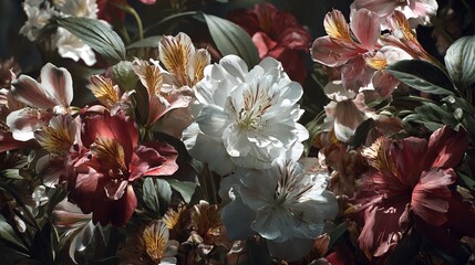 A Floral Still Life with White, Red, and Pink Alstroemeria Blooms
