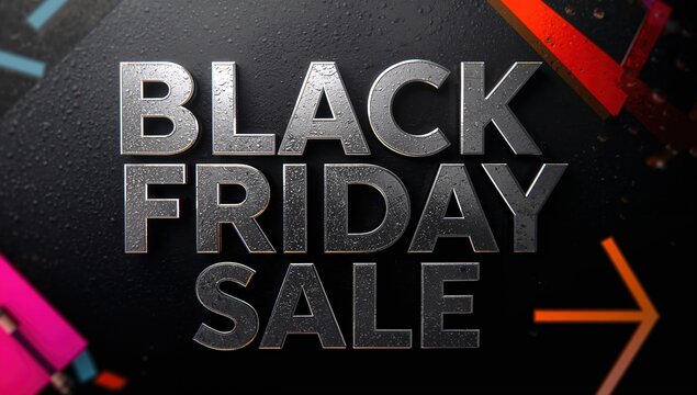 Dynamic Black Friday sale announcement with metallic 3D text and vibrant arrow graphics creating urgency and excitement for shoppers
