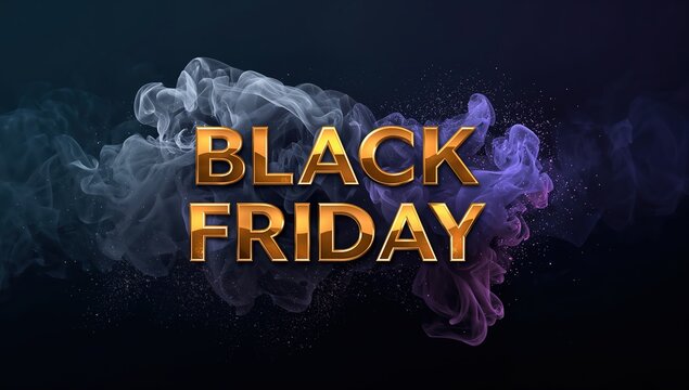 Golden Black Friday text with swirling vibrant smoke and glittering particles on a dark mysterious background, perfect for sales promotions