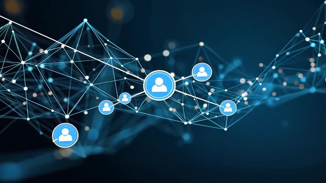 Blue tech network of abstract icons on a dark blue gradient background