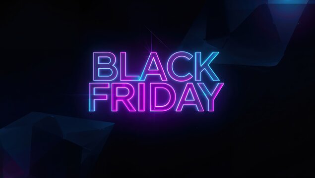 Vibrant neon "BLACK FRIDAY" text glowing against a dark abstract background, perfect for sales and promotions
