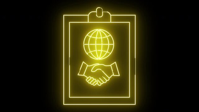 Neon clipboard with globe  handshake glows yellow on black