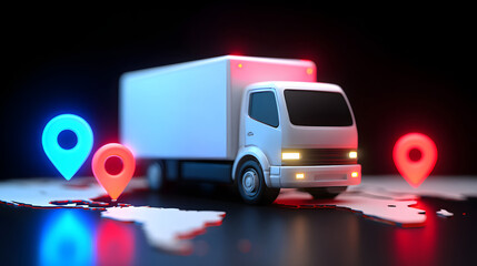 Truck crossing a world map connecting global logistics network