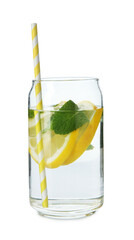 Fototapeta premium Refreshing water with lemon and mint in glass isolated on white