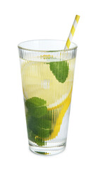 Refreshing water with lemon and mint in glass isolated on white