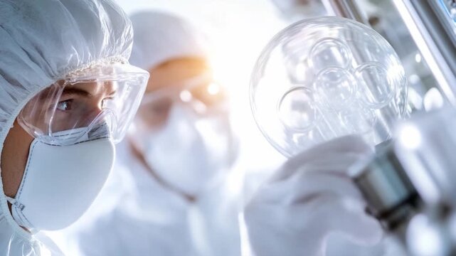 Scientific Exploration in Laboratory: Two dedicated scientists, adorned in protective gear, meticulously examine a delicate glass apparatus.