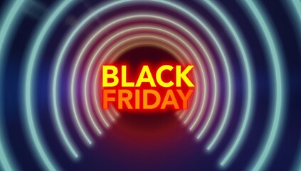 Dynamic Black Friday sale announcement with glowing neon rings creating a sense of urgency and excitement for shoppers