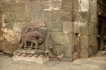 Stone slab carved with the shape of an elephant at Daulatabad fort in maharashtra india.Built with massive stone walls showcasing medieval military architecture and cultural heritageIt.