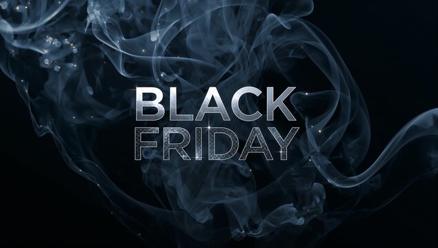 Dramatic Black Friday sale announcement with swirling smoke and sparkling lights creating a sense of urgency and excitement for shoppers