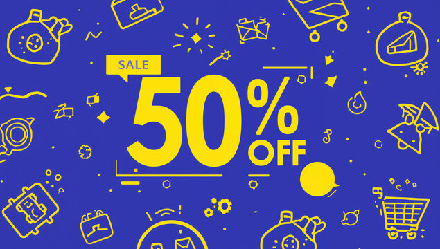 Grab incredible savings with a vibrant 50% off sale banner featuring playful doodles and a clear discount message