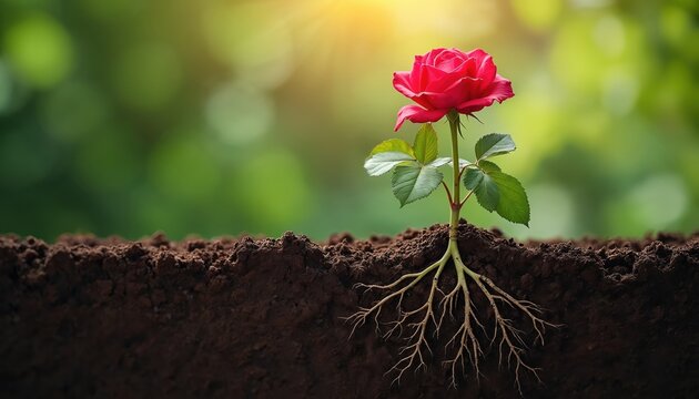 Rose flower blooms from soil. The plant has green leaves and intricate root system. Sunlight shines on the vibrant red rose. Artistic nature photo shows growth and life