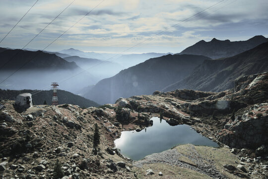 Cloudy day on Val Seriana (Serio Valley) and Lake Resentino.  Valgoglio, Orobie Alps, Lombardy, Italy.