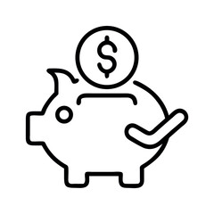 Simple line art icon of a piggy bank with a coin slot and dollar sign
