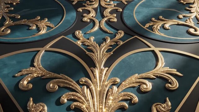 Intricate Golden Ornate Design on a Teal and Black Surface.