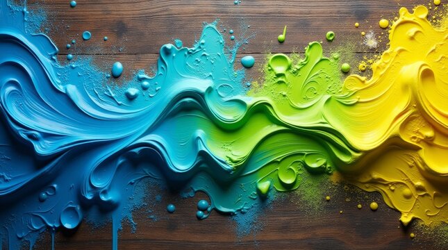 Blue green yellow paint splashes flowing across wooden surface image - Powered by Adobe
