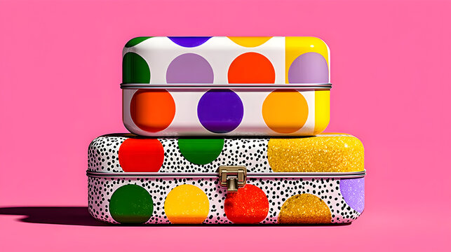 Stacked Metal Boxes with Colorful Polka Dots on Bright Pink Backdrop