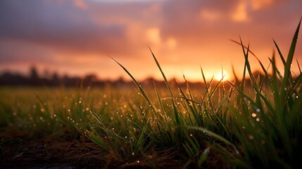 Fototapeta premium Close up of dewy grass blades illuminated by the warm golden light of a sunrise with soft clouds in the sky