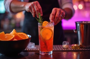 Bartender prepares spritz cocktail at bar. Man adds rosemary sprig for decoration. Orange slices and ice cubes in wine glass. Refreshing alcoholic drink served at party.