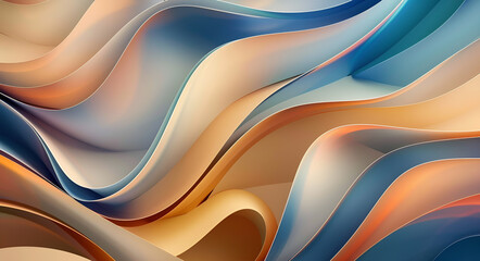 Elegancka, abstrakcyjna kompozycja z dynamicznych fal i płynnych warstw. Luksusowe tło w palecie błękitu, pomarańczu i piaskowego beżu.