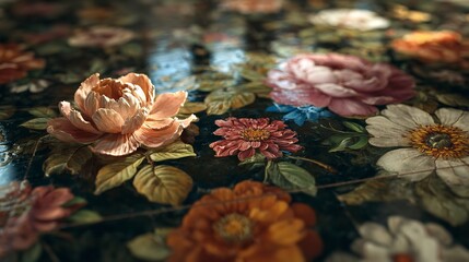 Antique Floral Surface with Peachy Rose Leading to Other Blooms of Many Colors
