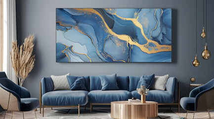 Nowoczesny salon z niebieską sofą i abstrakcyjnym złoto-niebieskim obrazem na ścianie — elegancka aranżacja wnętrza