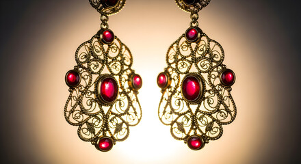 Elegant gold filigree earrings featuring vibrant red gemstones, perfect for adding luxury to any occasion