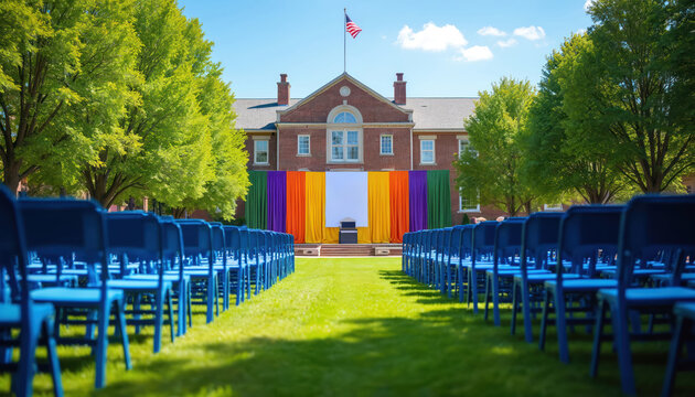 Ceremony setup with blue chairs on green lawn near the building. Backdrop with colorful fabric is in center. Celebration of graduation event at college outdoor on sunny day.