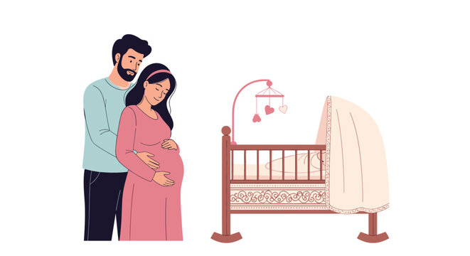 A pregnant couple lovingly embracing by a wooden crib adorned with a mobile, symbolizing anticipation for their new arrival.