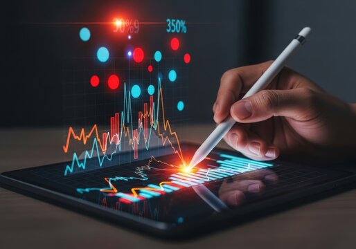 Digital trading analysis with stylus on tablet