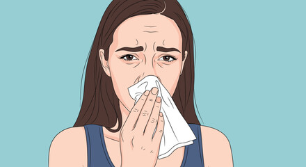Young woman with brown hair blowing her nose with a white tissue, looking distressed.