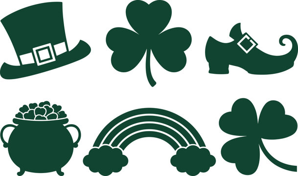 A St Patricks Day Bundle Design Featuring Leprechaun Hat Shamrock Pot of Gold Rainbow and Shoe in a Festive Collection of Irish Themed Graphics for Celebrations