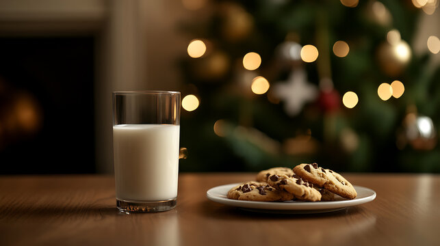 A glass of creamy milk and chocolate chip cookies on a plate are arranged on a wooden table, setting the stage for a cozy and festive holiday celebration.