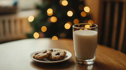 Festive Cookies & Milk: Enjoy cookies and milk on a wooden table. A blurred Christmas tree with sparkling lights adds holiday cheer. A cozy and inviting scene!