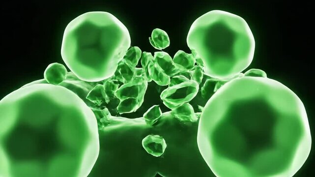 Abstract animation of a glowing orb (cell) neatly fragmenting and being absorbed by emerald 'cleaner' orbs.