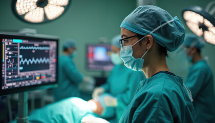 Anesthesiologist watches patient vitals on monitor during surgery. Medical team works in hospital operating room. Female doctor in scrubs, mask observes EKG cardiogram screen showing heartbeat pulse.