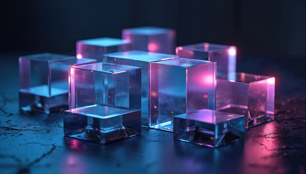 Abstract clear cubes arranged in an uneven pattern with blue and pink neon lighting. Futuristic design element, digital art composition for tech backgrounds and concepts. Minimalist structure.